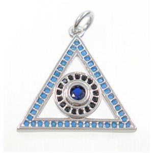 copper Triangle pendant paved zircon with evil eye, platinum plated, approx 17-20mm