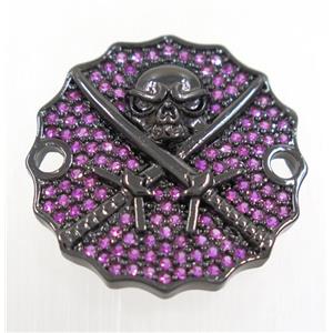 copper Jolly Roger connector paved hotpink zircon, black plated, approx 22mm dia