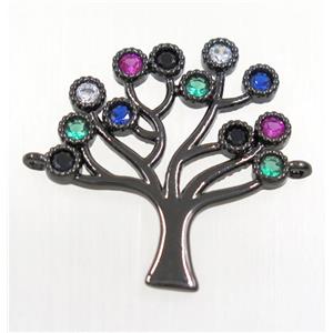 copper tree of life connector paved zircon, black plated, approx 22x24mm