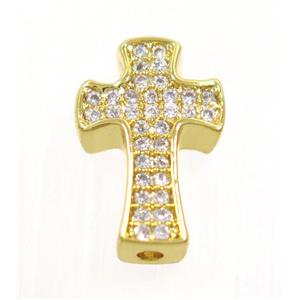 copper cross beads paved zircon, gold plated, approx 9x14mm