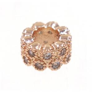 copper rondelle beads paved zircon, rose gold, approx 8mm dia, 4mm hole