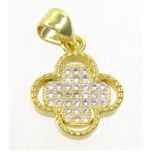 copper pendant paved zircon, four leaf Clover, gold plated, approx 12mm dia