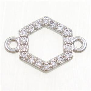 copper hexagon connector paved zircon, platinum plated, approx 9mm