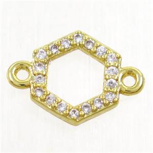 copper hexagon connector paved zircon, gold plated, approx 9mm