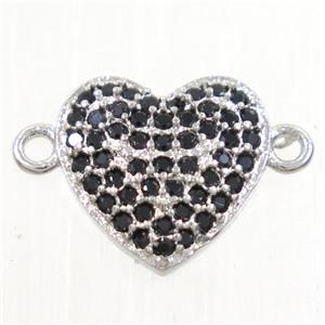 copper heart connector paved zircon, platinum plated, approx 10mm dia