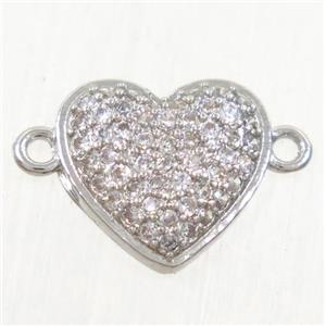 copper heart connector paved zircon, platinum plated, approx 10mm dia