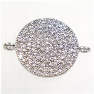 copper circle connector paved zircon, platinum plated, approx 15.5mm dia