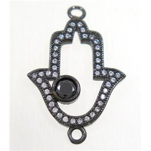 copper hamsahand connector paved zircon, black plated, approx 17x20mm