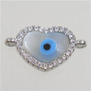 copper heart connector paved zircon with shell evil eye, platinum plated, approx 10x12mm