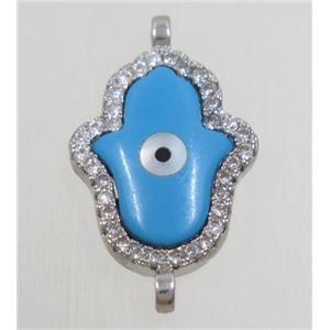 copper hamsahand connector paved zircon with shell evil eye, platinum plated, approx 12x17mm