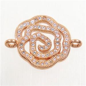 copper connector paved zircon, roseflower, rose gold, approx 15mm dia