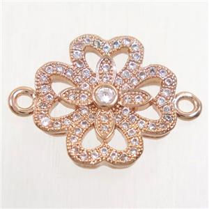 copper four-leaf clover connector paved zircon, rose gold, approx 15mm dia