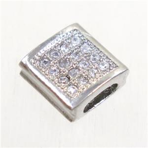 copper square bead paved zircon, platinum plated, approx 9x9mm, 2x5mm hole