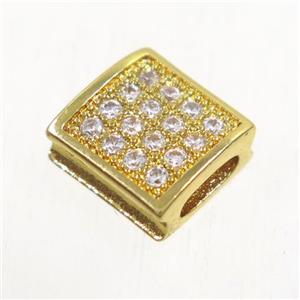 copper square bead paved zircon, gold plated, approx 9x9mm, 2x5mm hole