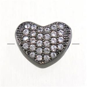 copper heart beads paved zircon, black plated, approx 7.5x9mm