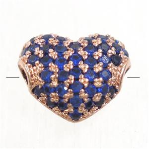 European style copper heart beads paved blue zircon, rose gold, approx 9x10.5mm