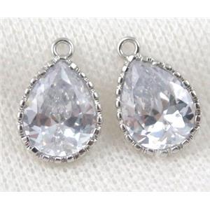 Cubic Zircon teardrop pendant, platinum plated, approx 7-9mm