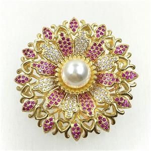 copper flower brooches pave zircon with pearl, revolvable, gold plated, approx 50mm dia