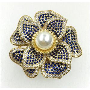 copper flower brooches pave zircon with pearl, revolvable, gold plated, approx 45mm dia