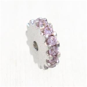 copper rondelle beads pave pink zircon, platinum plated, approx 6mm dia