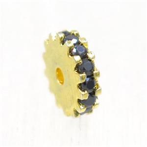 copper rondelle beads pave black zircon, gold plated, approx 6mm dia