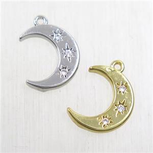 copper crescent moon pendant paved zircon, mix color, approx 12mm dia