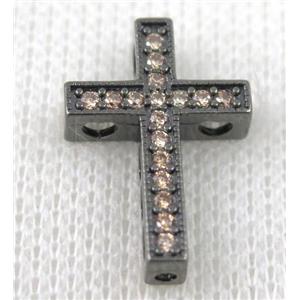 copper bead pave zircon, cross, black plated, approx 14x21mm