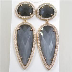 copper earring studs paved zircon with gray crystal glass, gold plated, approx 18-55mm