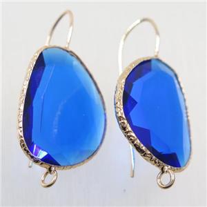 royal blue crystal glass earring hook with loop, gold plated, approx 20-25mm