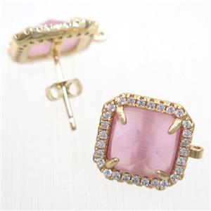 copper square earring studs paved zircon with pink crystal glass, gold plated, approx 13x13mm