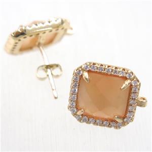 copper square earring studs paved zircon with crystal glass, gold plated, approx 13x13mm