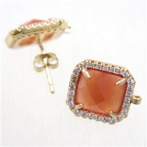 copper square earring studs paved zircon with orange crystal glass, gold plated, approx 13x13mm