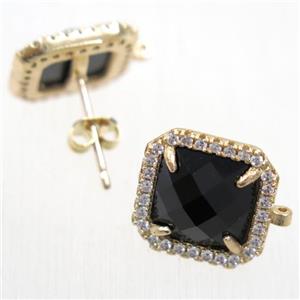 copper square earring studs paved zircon with black crystal glass, gold plated, approx 13x13mm