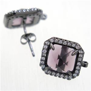 copper square earring studs paved zircon with purple crystal glass, black plated, approx 13x13mm