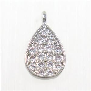 copper teardrop pendant paved zircon, platinum plated, approx 7-9mm