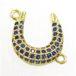 copper connector paved blue zircon, U-shape, gold plated, approx 12-13mm