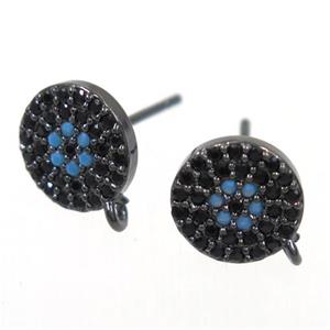 copper Earring Studs paved zircon, black plated, approx 9mm dia