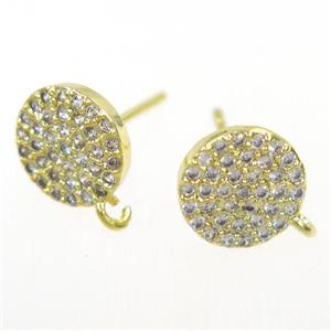 copper Earring Studs paved zircon, gold plated, approx 9mm dia