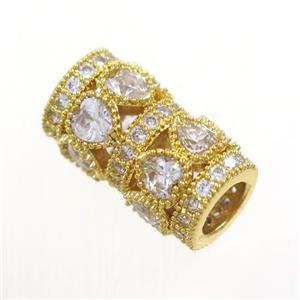 copper bead paved zircon, tube, gold plated, approx 8-14mm, 4mm hole