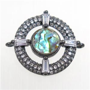 copper donut connector paved zircon with abalone shell, black plated, approx 18mm dia