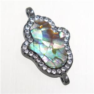 copper hamsahand connector paved zircon with abalone shell, black plated, approx 13-18mm