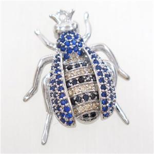 copper honeybee pendant paved zircon, platinum plated, approx 20-23mm