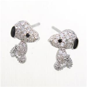 copper dog Earring studs paved zircon, platinum plated, approx 9-12mm