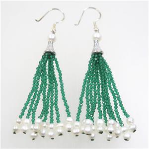 copper earring paved zircon with green crystal glass tassel, approx 7-80mm