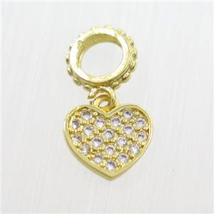 copper heart pendants paved zircon, gold plated, approx 8-9mm