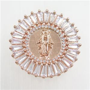 copper jesus pendants paved zircon, rose gold, approx 28mm dia