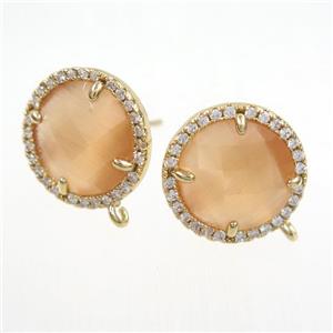 copper earring paved zircon with orange glass crystal, approx 15mm dia