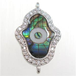 copper hamsahand connector paved zircon with abalone shell, platinum plated, approx 13-18mm