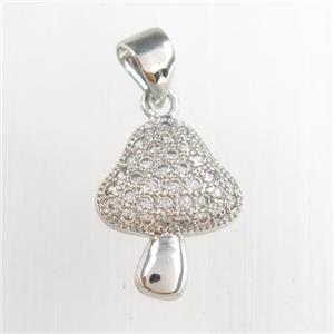 Copper Mushroom Pendant Pave Zircon Platinum Plated, approx 11-14mm