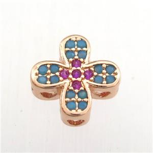 copper cross beads paved zircon, turq, rose gold, approx 10mm